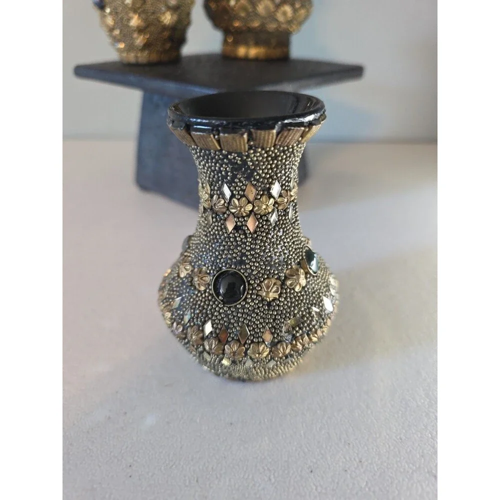Set Of 3 Vtg Ceramic Bud Vases Hand Decorated w/ Beads, Mirrors, Natural Stones